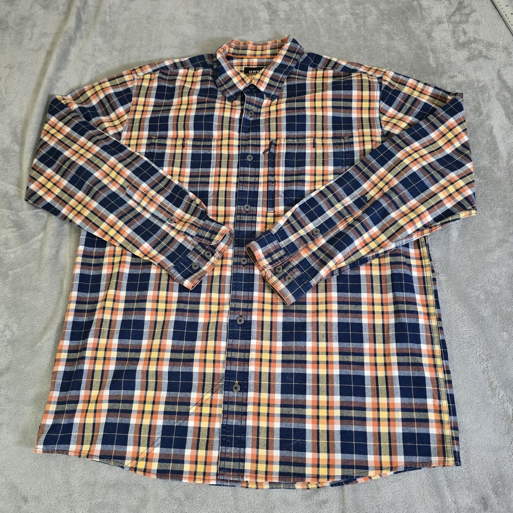 Orvis Shirt Mens Large Orange & Blue Plaid Active Fit Long-Sleeve Button Up
